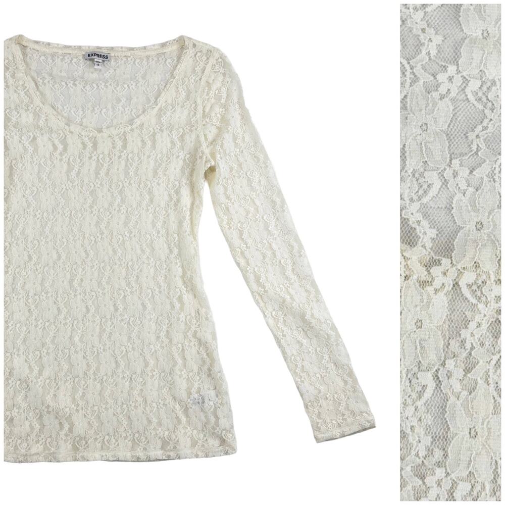 Express Sheer Lace Top Womens S Cream Ivory Stretch Layering Romantic Coquette